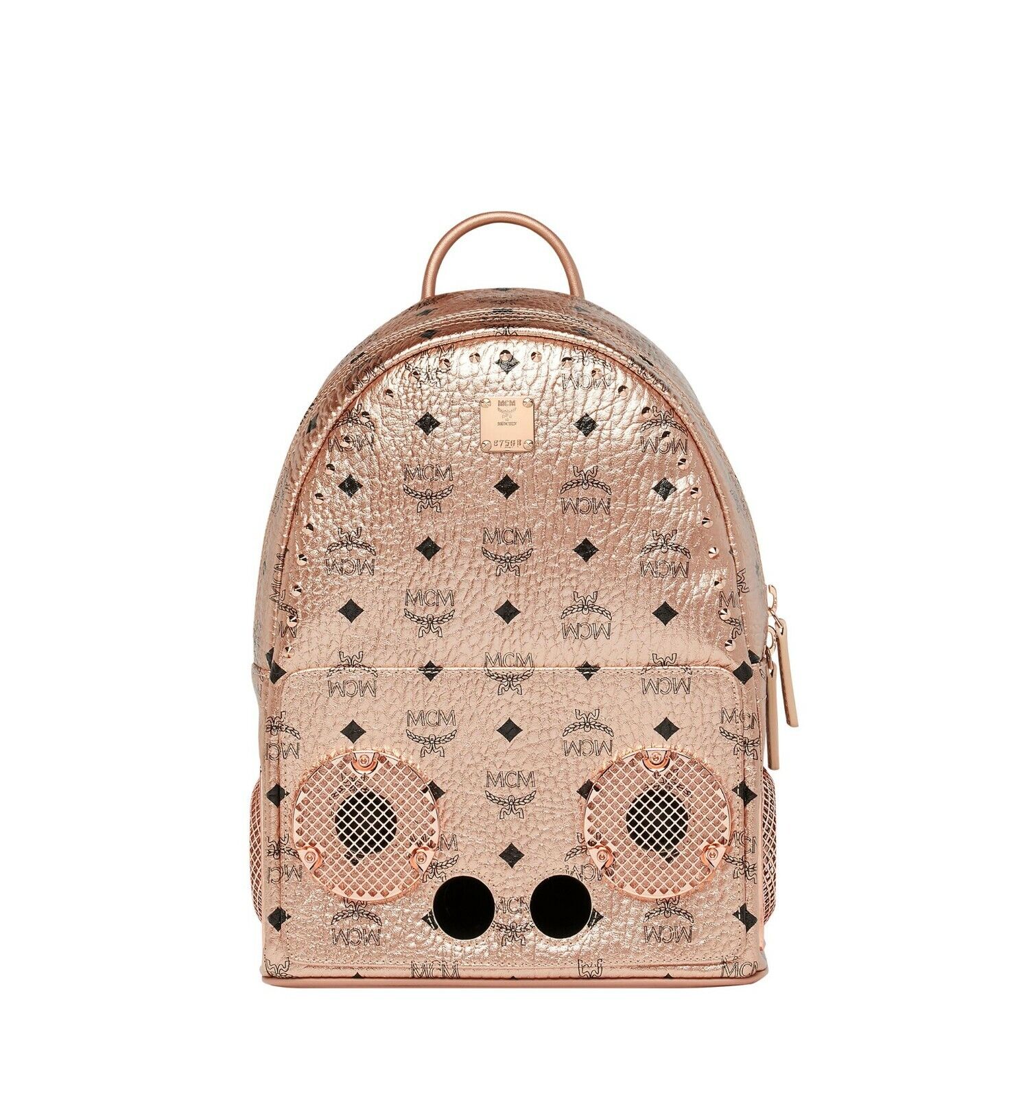 $2750 MCM Wizpak Champagne Gold Visetos Studded Speaker Backpack MMK8AOC84TC001