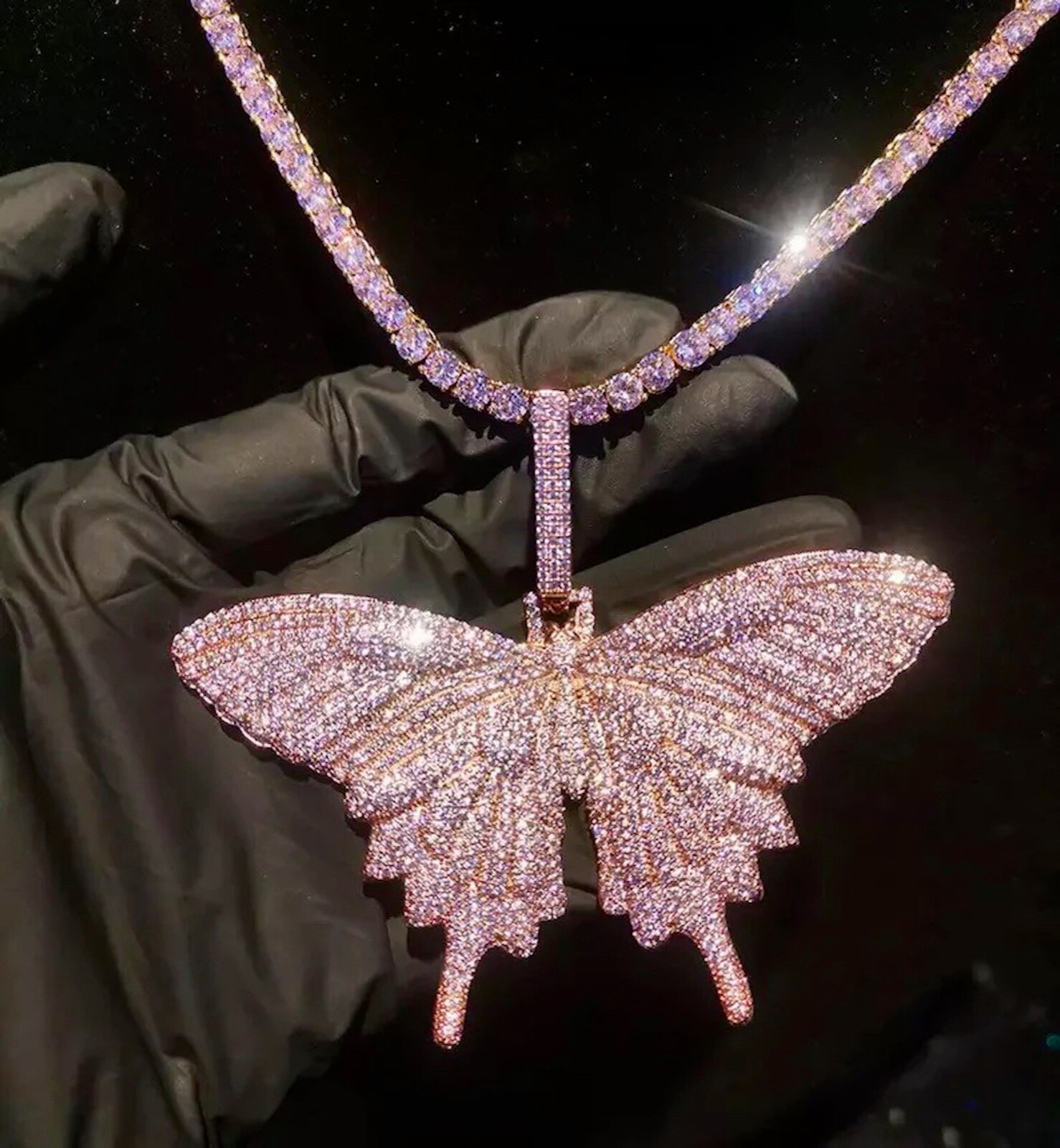 18k Rose Gold Filled Pink Simulated Diamond Tennis Necklace