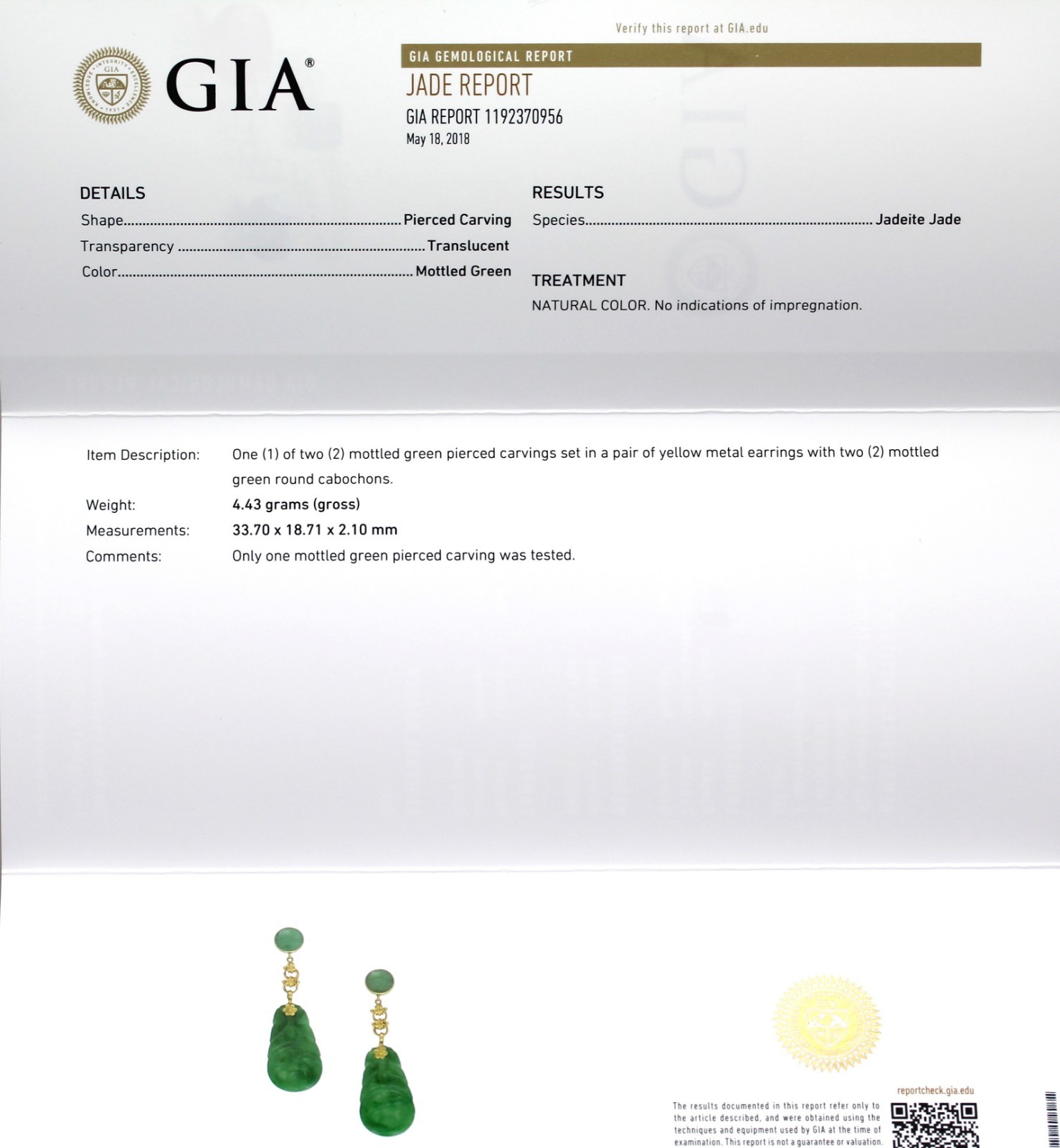 GIA Certified Antique Natural Carved Jadeite Jade  Drop Dangle Earrings 14K Gold