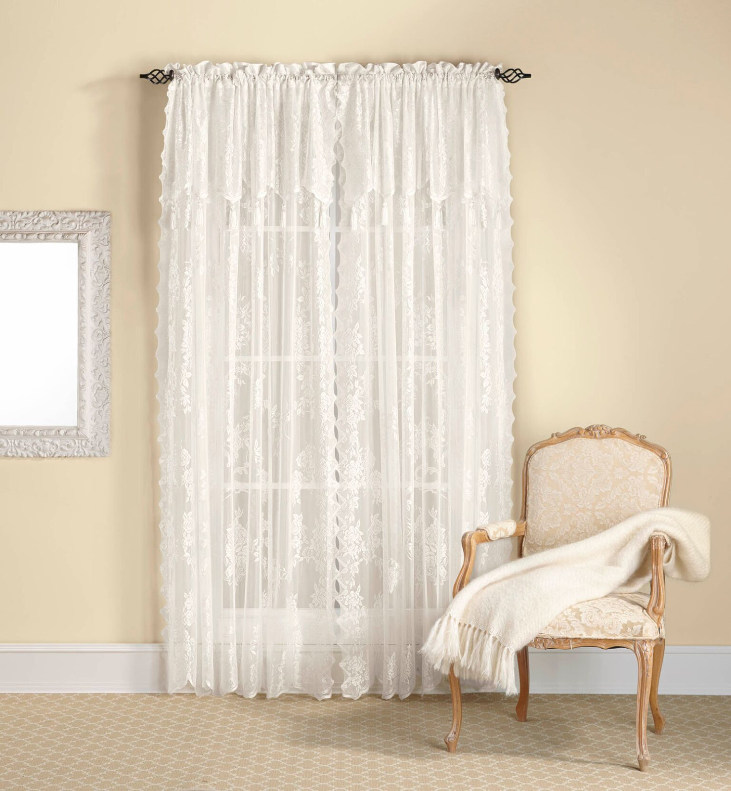 Country Lace Curtain Panel with Attached Valance & Tassels Assorted