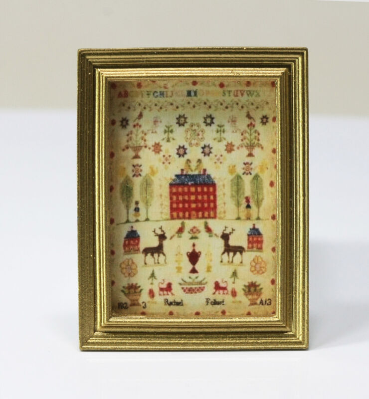 Dollhouse Miniature Gold Framed Picture Of An Embroidered Sampler #4