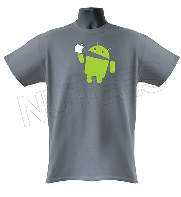 Android Robot Eats Apple Funny Geek Mens Kids T-Shirt S-XXL Sizes