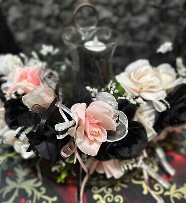 Artisan Vintage Planter & Hurricane Pink Black Roses Centerpiece Wedding Gothic