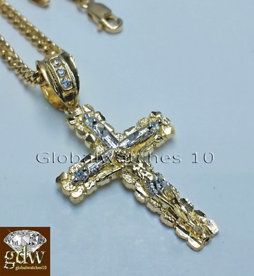 Pre-owned Globalwatches10 10k Yellow Gold Jesus Cross Charm Pendant 26" Miami Cuban Chain Necklace