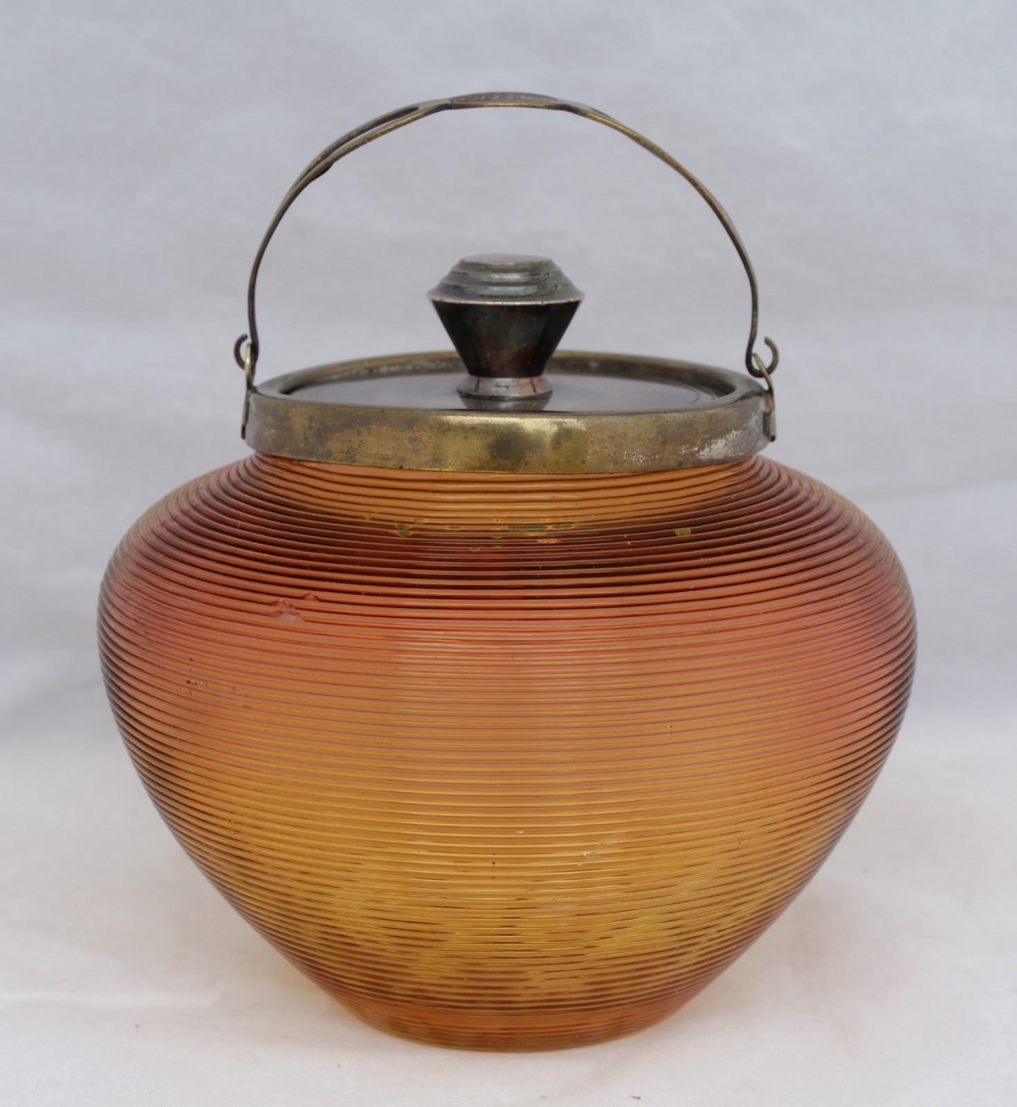 Ribbed Amber Glass Condiment/Sugar Bowl With Elkington Silver Plate - Circa 1900