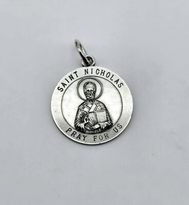 Vintage Sterling Silver Saint St. Nicholas Pray For Us Medallion Pendant - 2.5g