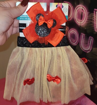 DISNEY MINNIE MOUSE GOLD & BLACK & RED BOW TUTU SKIRT & HEADBAND 2 PIECE SET NWT