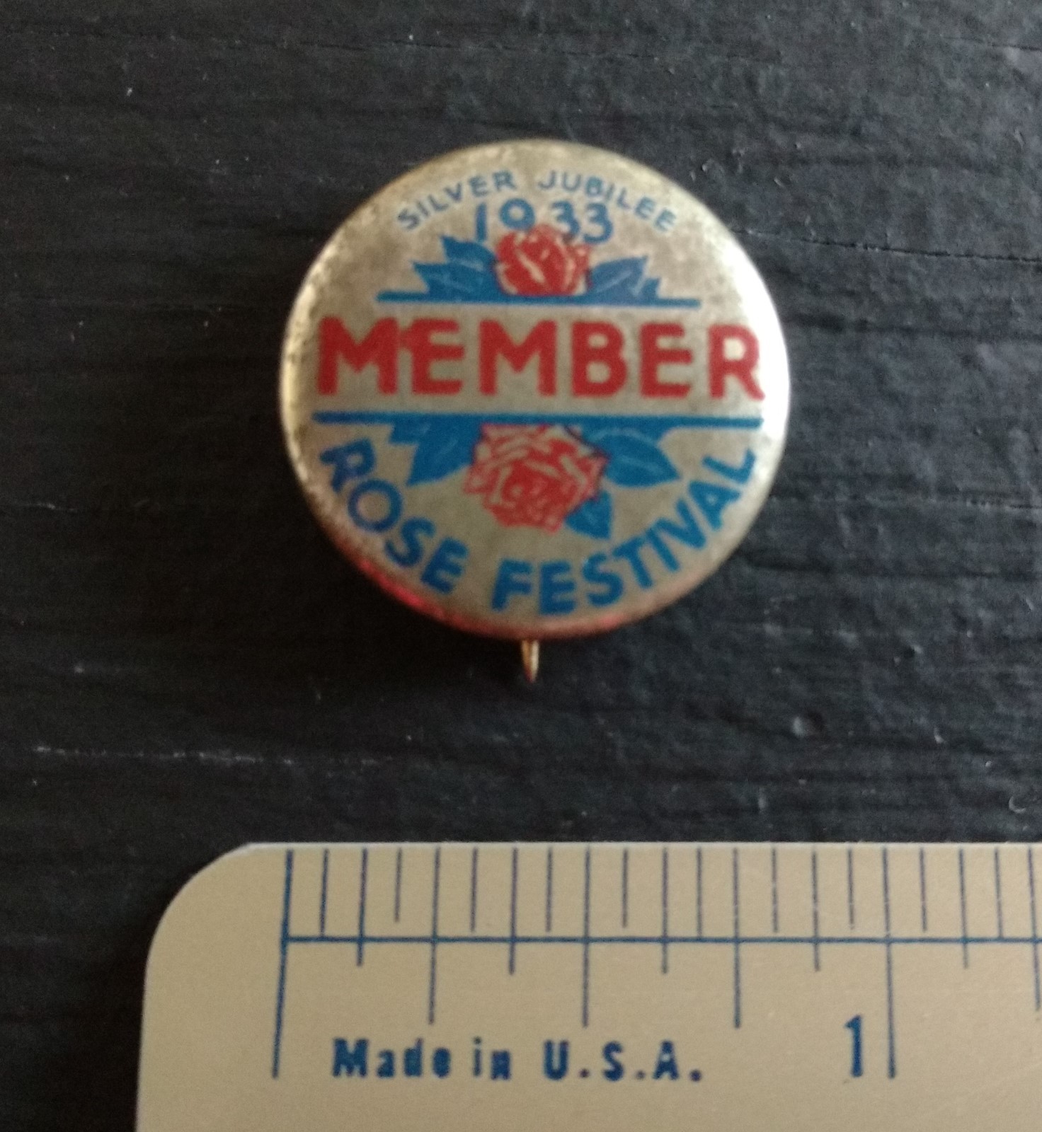 1933 Portland Oregon Silver Jubilee Rose Festival Member Pin