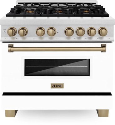 ZLINE Autograph Edition RAS-36 36'' Dual Fuel Range in White & Champagne Bronze
