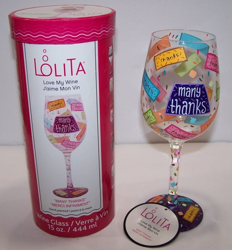 Enesco Designs by Lolita MANY THANKS Artisan Wine Glass, 15 Ounce, Multicolor