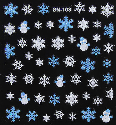 Christmas BLUE WHITE Snowman Glittery Snowflakes 3D Nail Art Stickers Decals