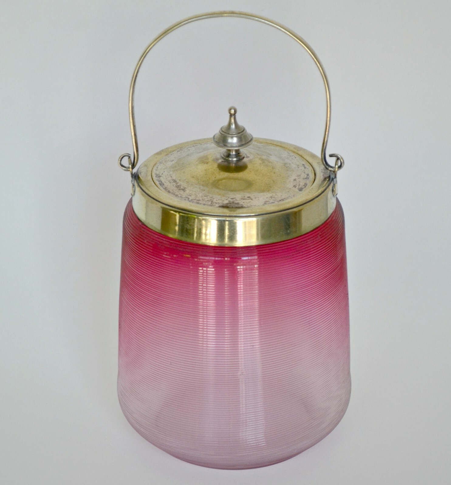 Antique Victorian cranberry threaded glass biscuit jar barrel handle lid metal