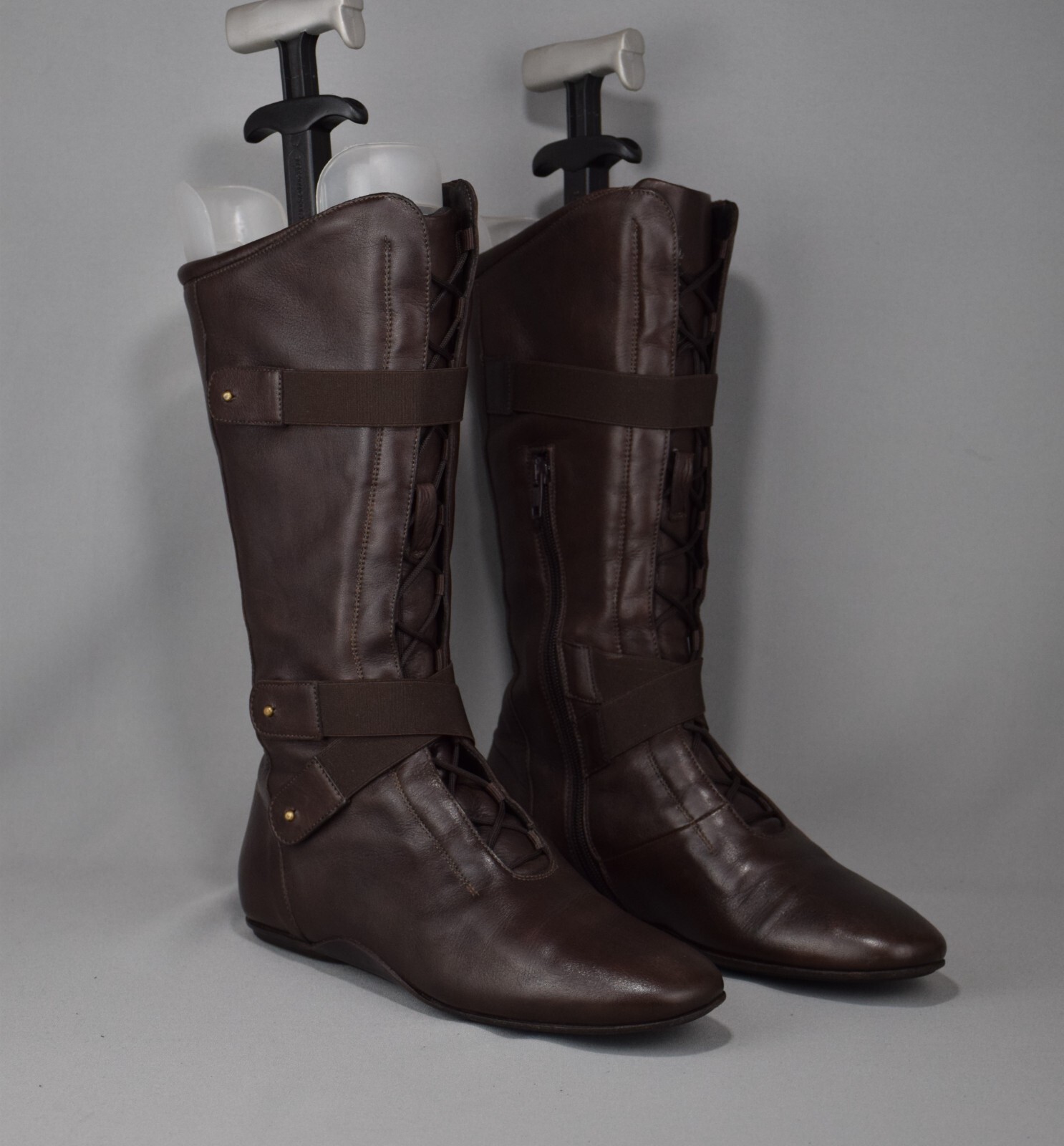 MaxMara ブーツ Max Mara Boots Zip Lace Up Boots Leather Brown Mid Calf