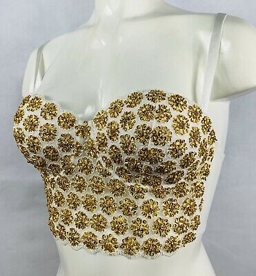 Embellished bustier half corset white gold bra hand beaded with sequin and beads