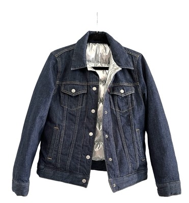 Levis Womens Reversible Down 700 Blue Denim Jeans Silver Puffer Trucker Jacket S