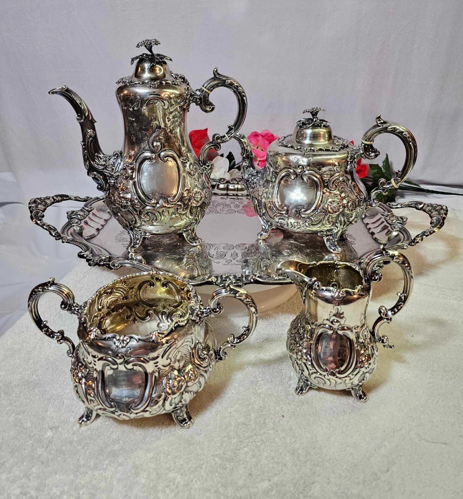 1861 Sterling Silver Antique Tea Set 4 Pieces + Tray Edward