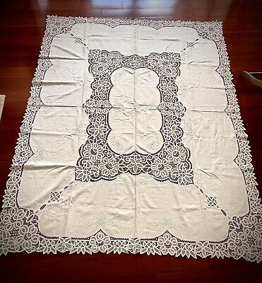 Vintage  Battenburg Lace Tablecloth  White Embroidery Rectangular Linen 83x66