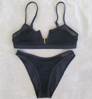NEW L*SPACE Rib & Mesh Bikini Set Sadie Top/Troy Bottoms Size S Small Black $178