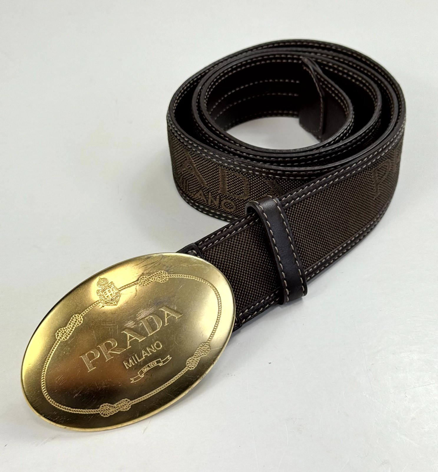 s*0様 PRADA レザー ベルト 38/95 Prada Western Style Saffiano Leather Logo Men Brown Belt