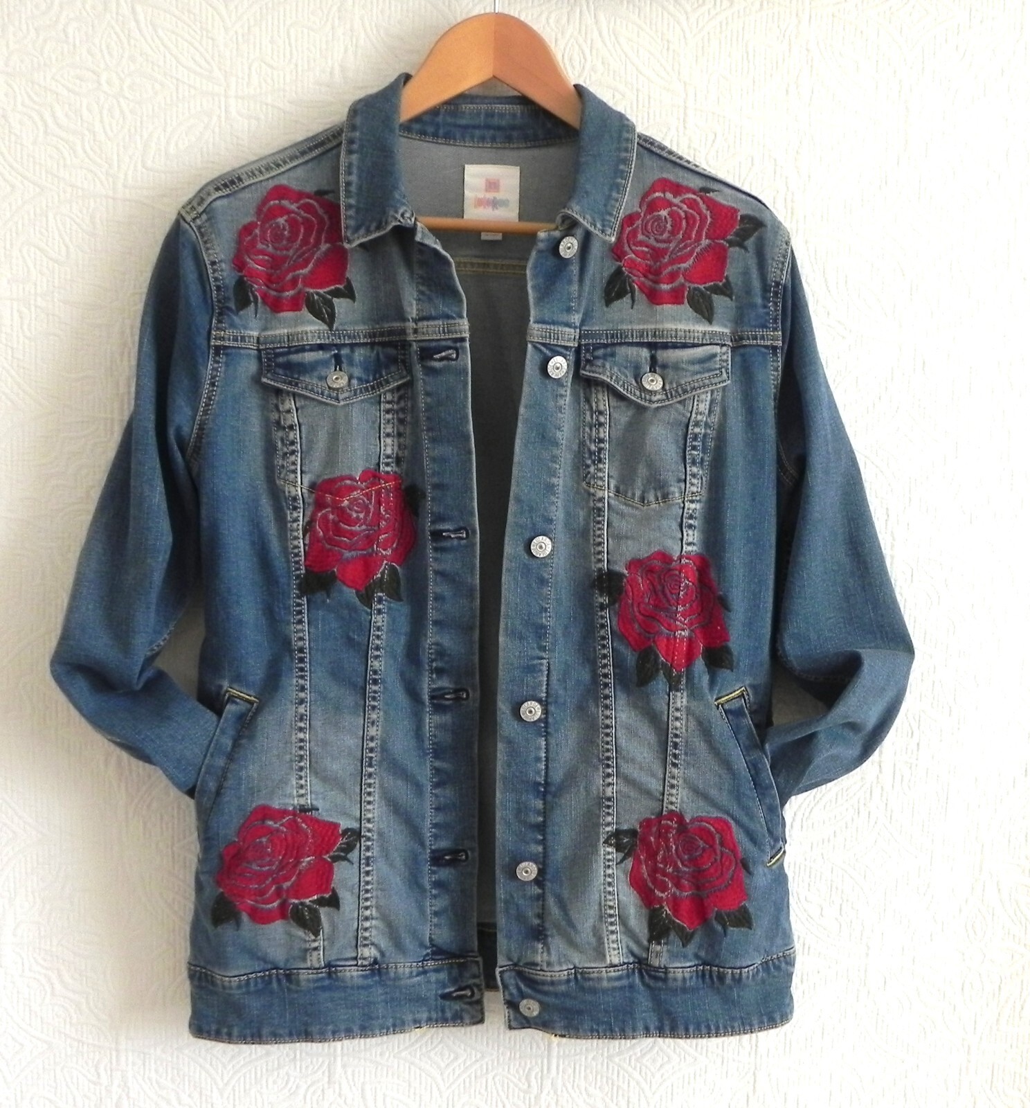Lularoe Denim Jacket Rose Embroidery Pocket Button Up Long