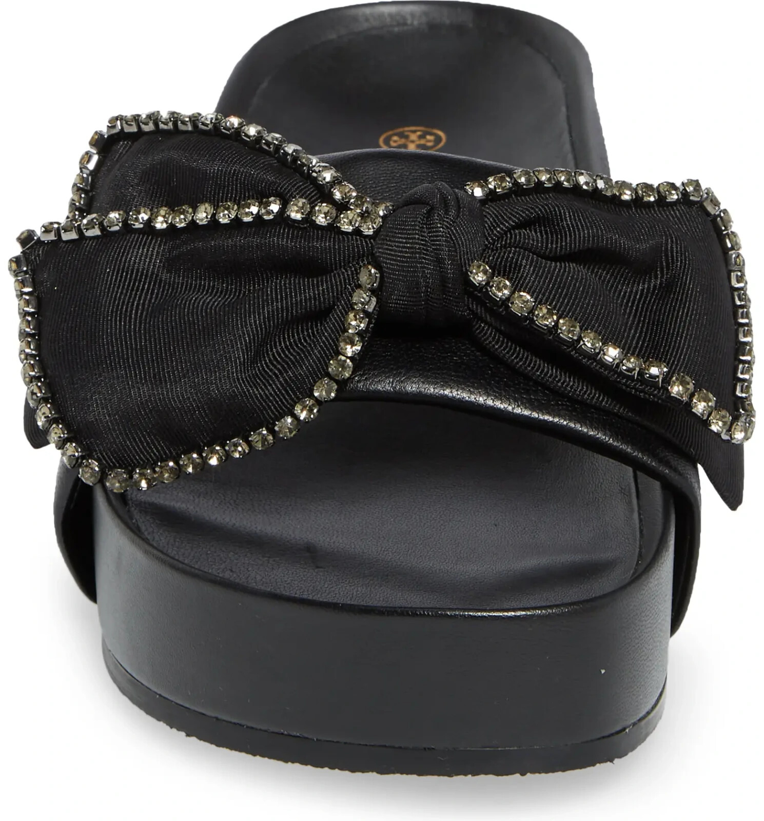 Pre-owned Tory Burch Crystal Embellished Bow Leather Slide Sandal Black Us 8 Authentic