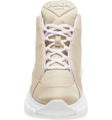 Pre-owned Prada Rush Piuma Nylon Beige White Platform Flat High Top Trainer Sneaker 39.5