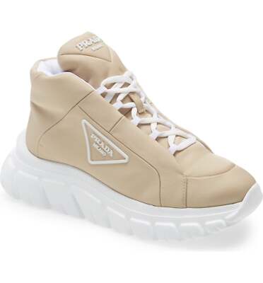 Pre-owned Prada Rush Piuma Nylon Beige White Platform Flat High Top Trainer Sneaker 39.5