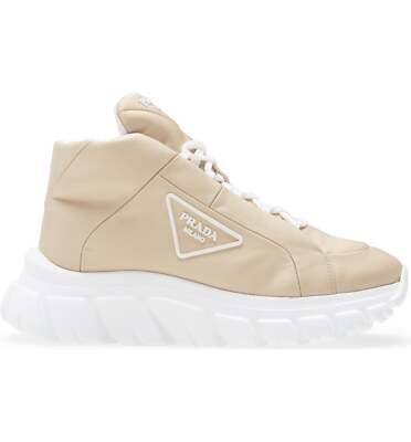 Pre-owned Prada Rush Piuma Nylon Beige White Platform Flat High Top Trainer Sneaker 39.5