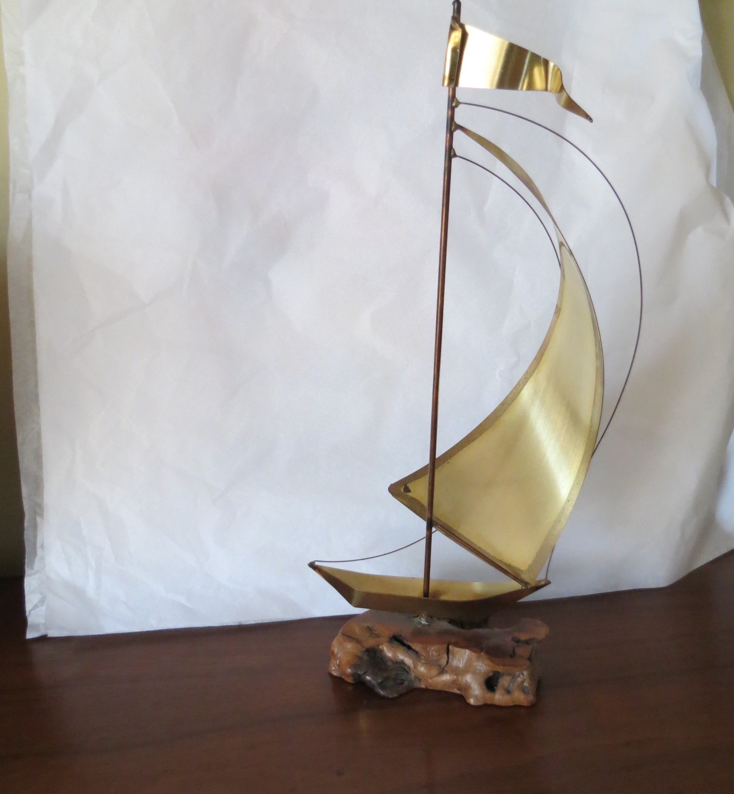 Vtg Brass Sailboat on Driftwood Nautical Sculpture MCM Jere Era Table top
