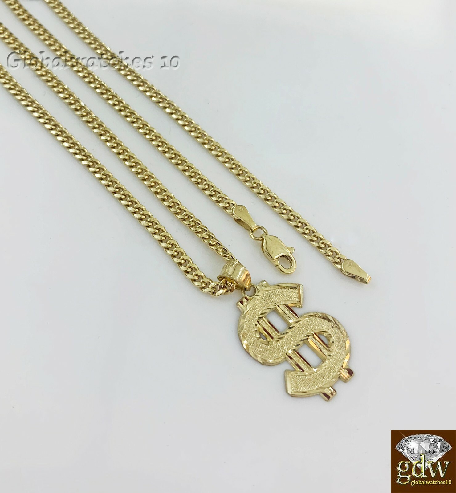 Pre-owned G&d 10k Gold Charm Pendant Money Sign With Miami Cuban Chain In 22 24 26 28 Inch