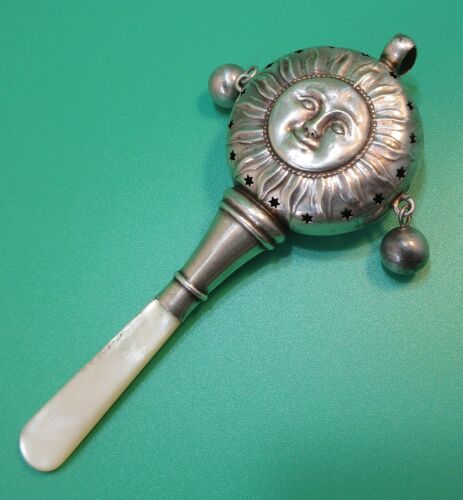 Antique Silver Rattle Teether Sun Face Mother of Pearl Crisford & Norris