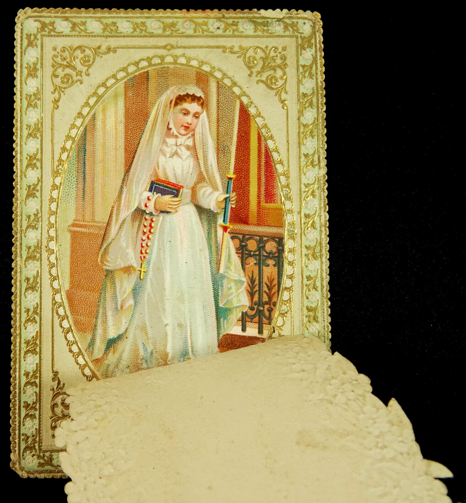 1895 Victorian Antique Girl First Communion Holy Card Collage Surprise Gilt