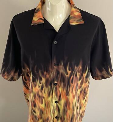 Bennys Flames Print Black Shirt Bowling Hawaiian Button Front Short Sleeve Men L