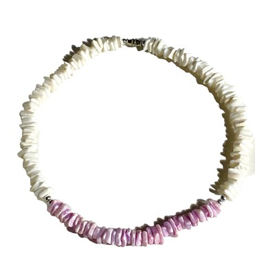 Authentic Vintage Hawaiian Puka Shell Surfer Necklace Choker Lavender/White 16 