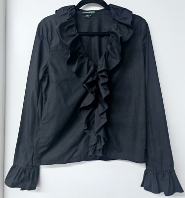 RALPH LAUREN Black Long Sleeve Ruffled 100% Cotton Button-Up Women Shirt (M)