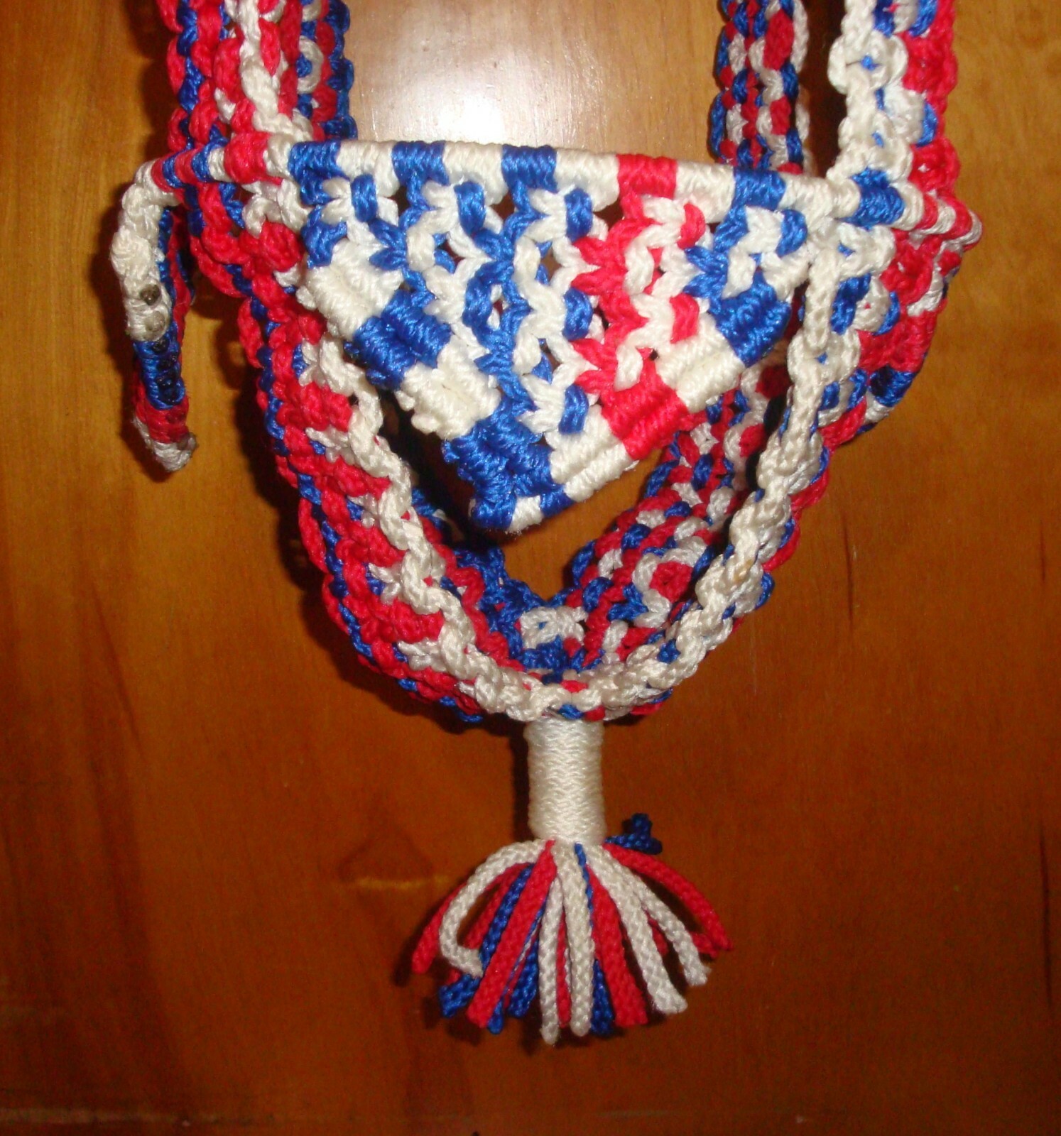 VTG MACRAME Plant Holder RED White Blue Double Plant Holder OVER 5 FT TALL
