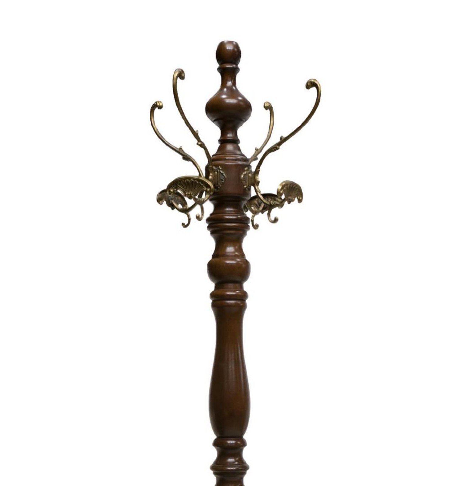 ITALIAN TURNED WOOD GILT METAL HAT COAT RACK HALL TREE  H 6' Carved Base