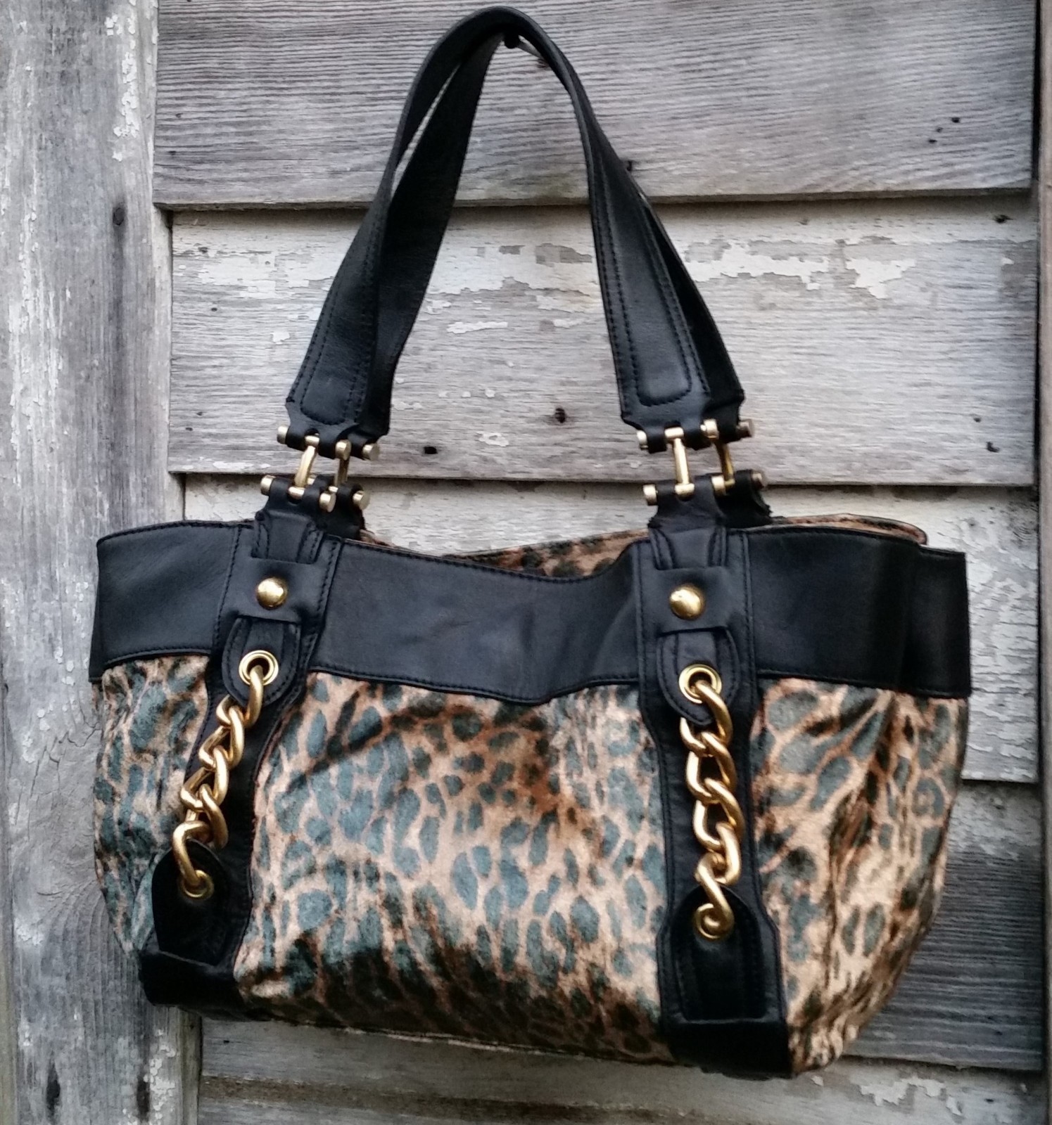 MAXXIMUM Leopard Print Velvet & Black Leather Tote SHOULDER Bag L XL (Offer)