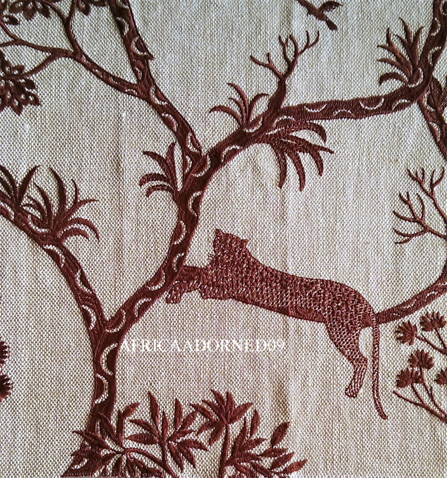 2M EXOTIC BIG CAT&ANIMALS IN TREE EMBROIDERED HEAVY WEIGHT LINEN  FABRIC 5YARDS