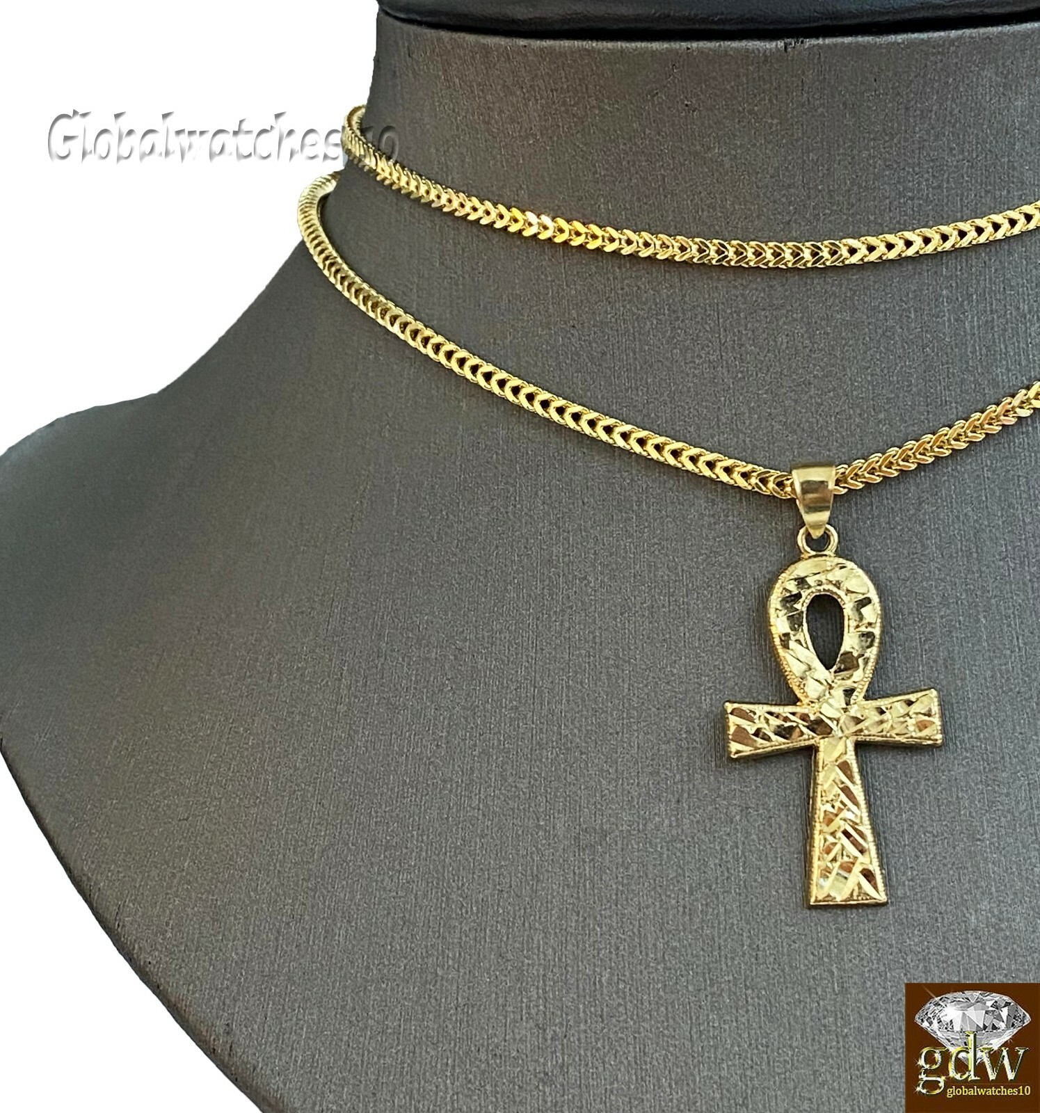 Pre-owned Cross 10k Gold Ankh  Charm Pendant Franco Chain 22" 24" 26" 28" Real