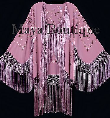 Pre-owned Maya Matazaro Embroidered Silk Fringe Jacket Kimono Strawberry Ice Multi Birds Flower Maya