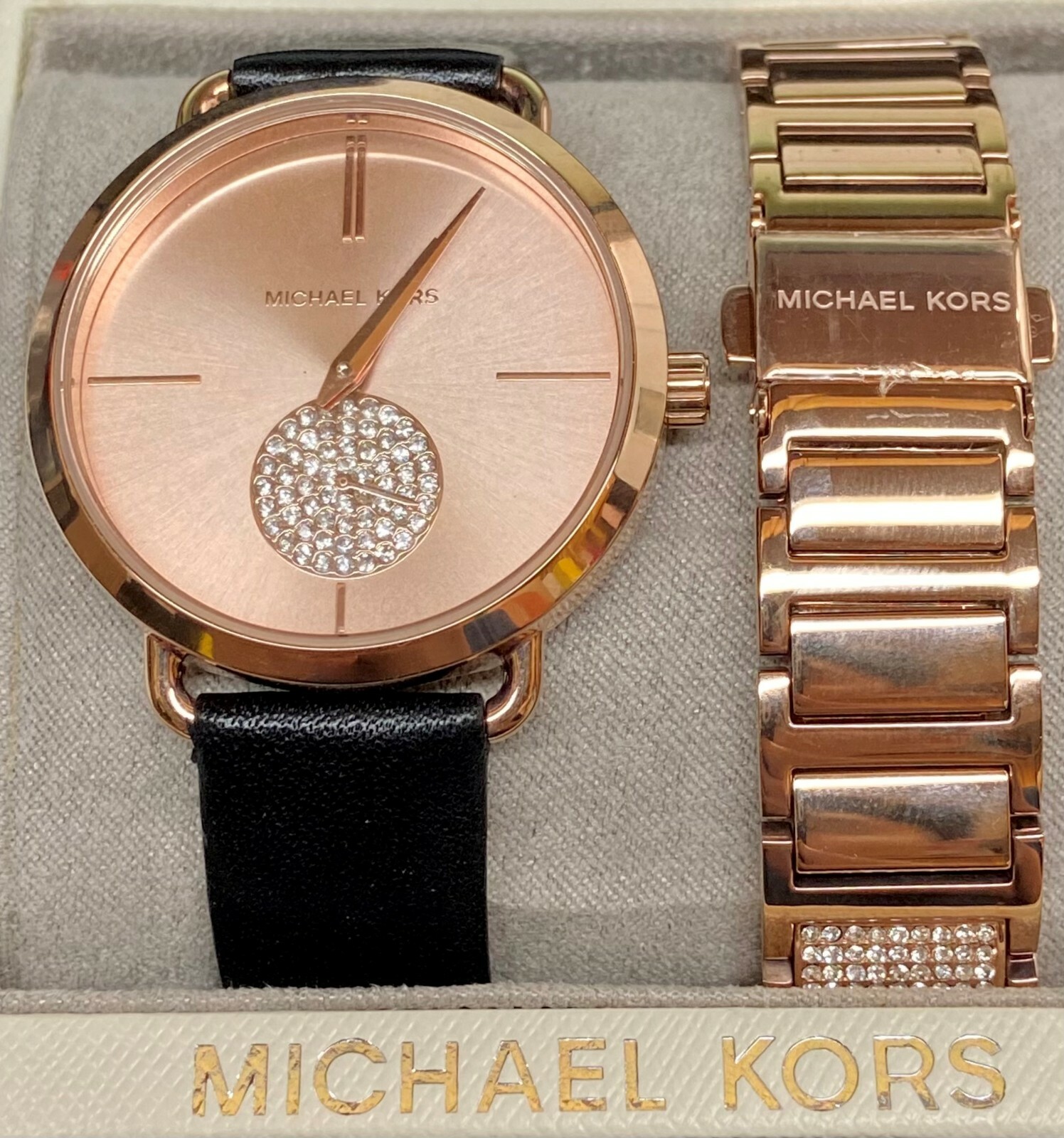 マイケルコース 腕時計 mk-2376 Michael Kors Rose Gold Crystal Black Leather Strap Watch