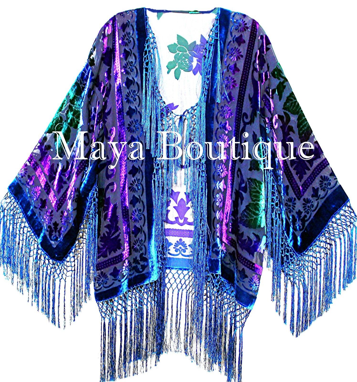 Pre-owned Maya Matazaro Tye Dye Teal Multi Short Fringe Jacket Kimono Burnout Velvet