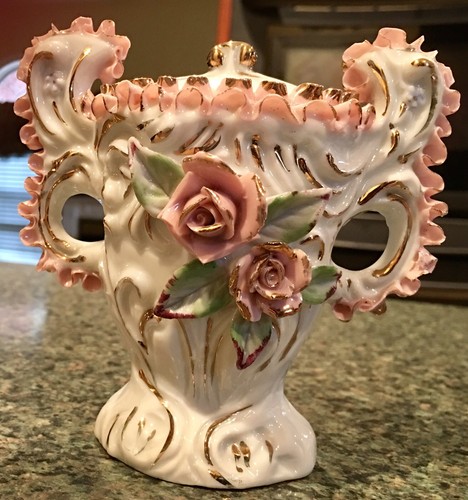 Vintage Capodimonte Style Bud Vase Holder w/ Pink Florals & Gold Accents
