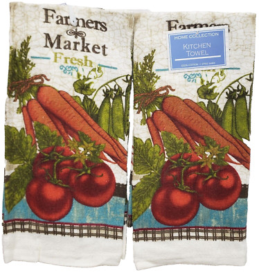 Set of 2 Same Printed Cotton Kitchen Towels (15''x25'') VEGGIES, FARMERS MARKET,AM