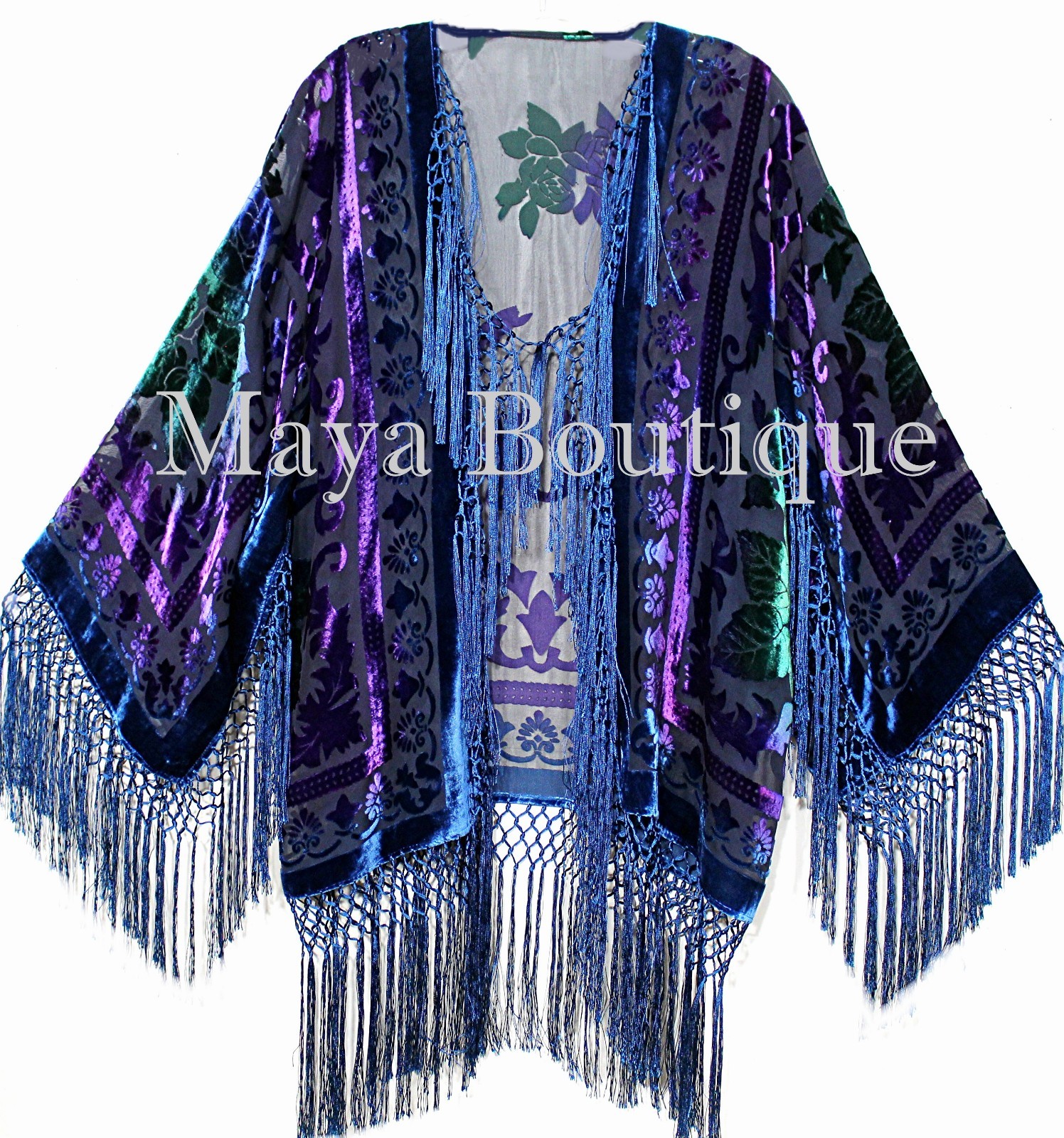 Pre-owned Maya Matazaro Tye Dye Teal Multi Short Fringe Jacket Kimono Burnout Velvet