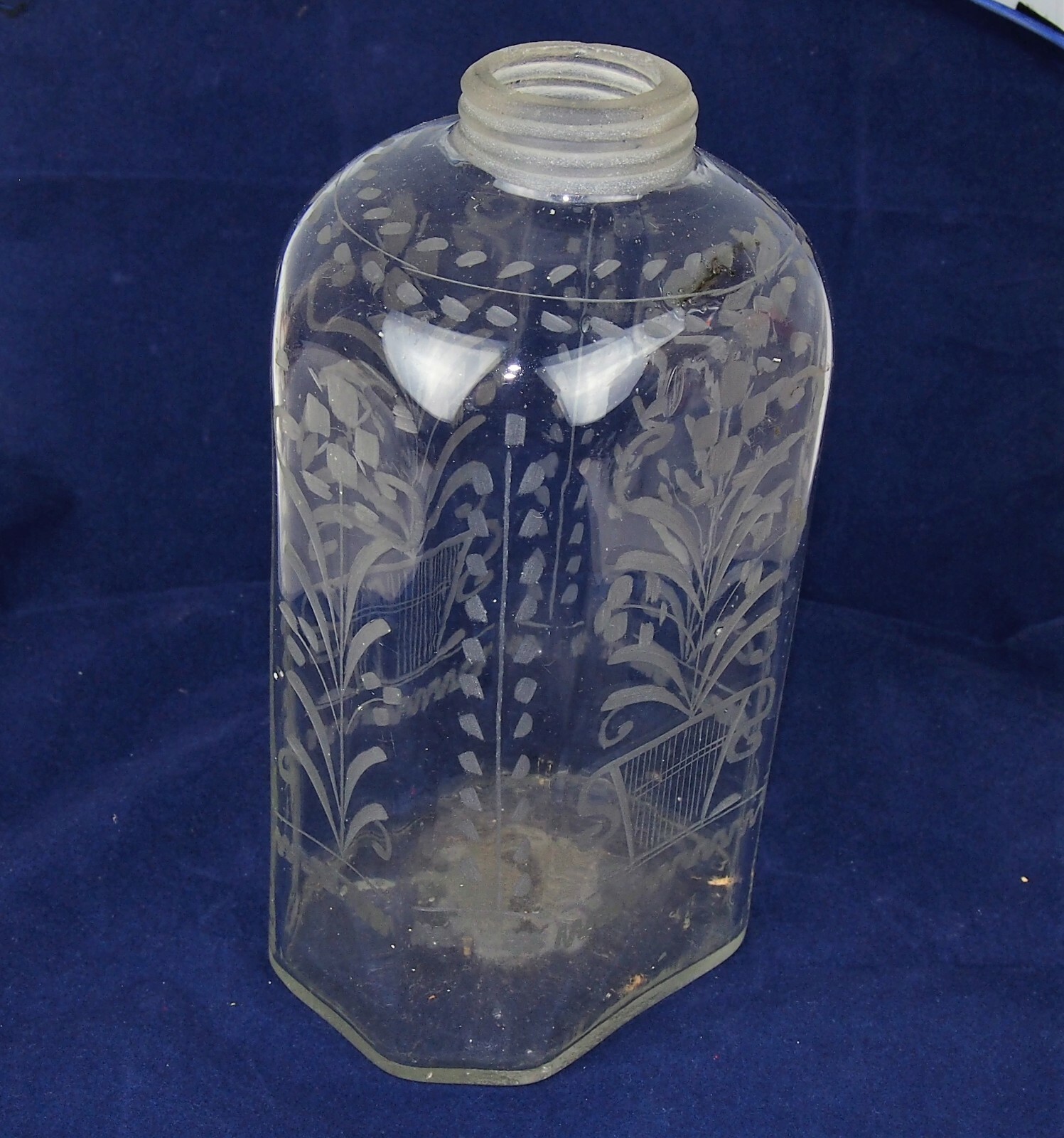 ANTIQUE 18th CENTURY OCTAGONAL ETCHED BLOWN GLASS BOTTLE - FLORAL PATTERN