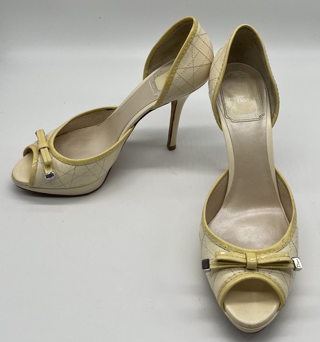 Christian Dior Yellow Leather Cannage Peep Toe Bow Accent