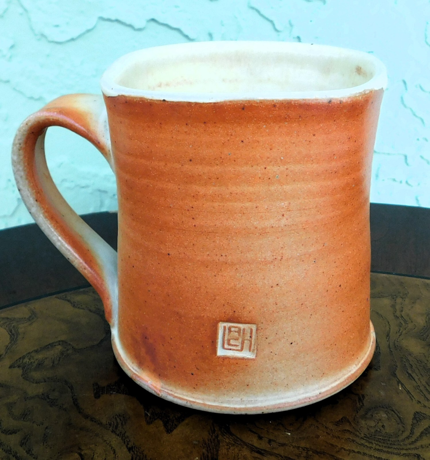 Handmade Copper Orange Pottery Mug Square Mouth & Impressed Makers Mark