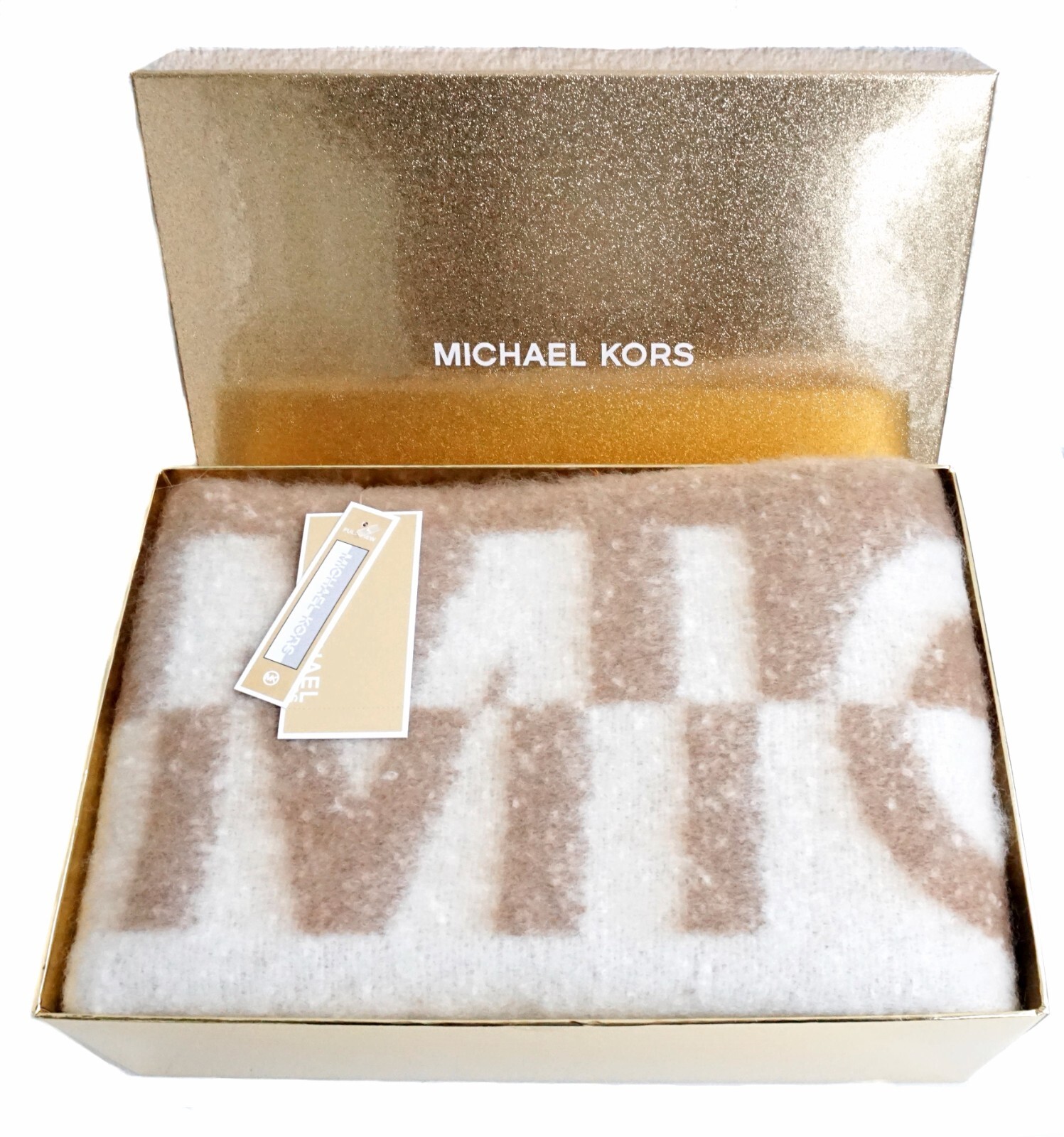 Michael Kors Écharpe Coffret Cadeau Camel Logo Neuf